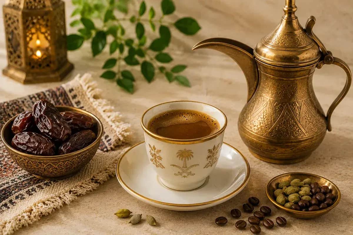 Traditional Arabic coffee with cardamom served in a dallah and small finjan cups alongside fresh dates.