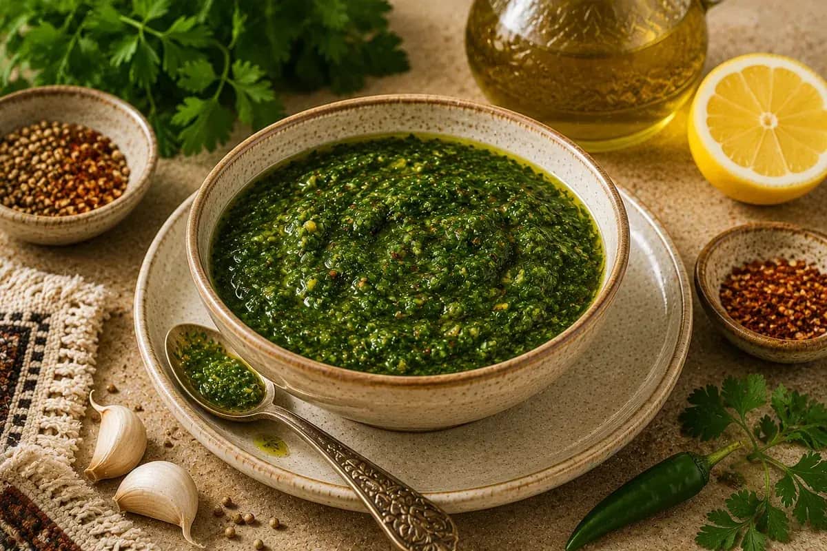 A bowl of authentic Moroccan Chermoula sauce with chopped cilantro, parsley, garlic, lemon, paprika, and olive oil.