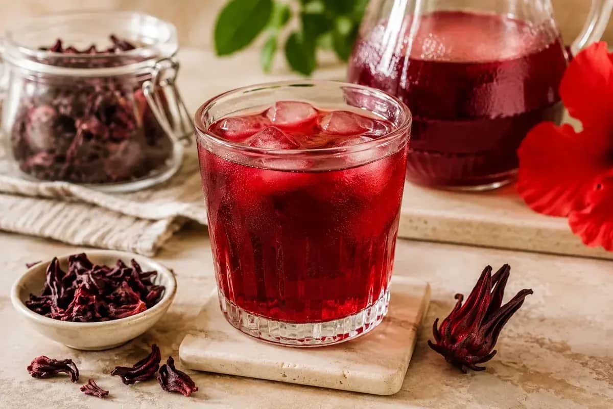 A ruby-red glass of traditional Egyptian Karkade served over ice with lemon slices, fresh mint, and dried hibiscus flowers.
