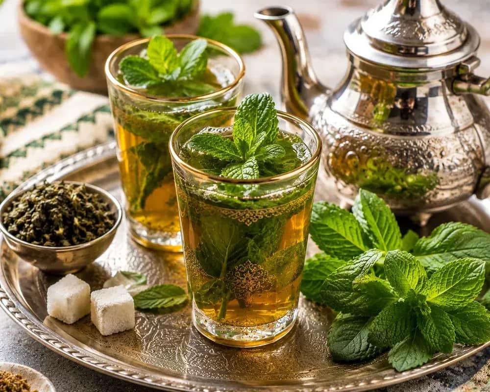 Authentic Lebanese mint tea served hot in clear glasses with fresh mint leaves and a traditional teapot.