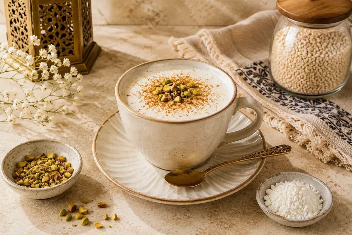 A warm mug of creamy Middle Eastern sahlab topped with pistachios, shredded coconut, and cinnamon.