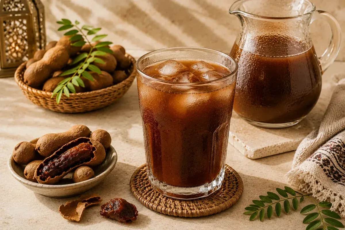 A chilled glass of Egyptian Tamar Hindi garnished with tamarind pods, lemon slices, fresh mint, and ice cubes.