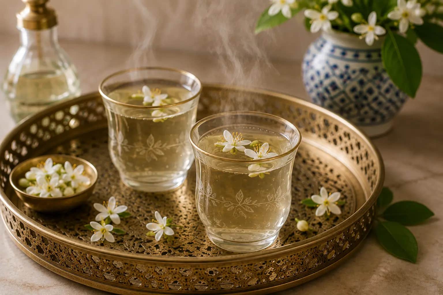 A traditional glass of Lebanese White Coffee garnished with orange blossoms and served on a decorative tray.