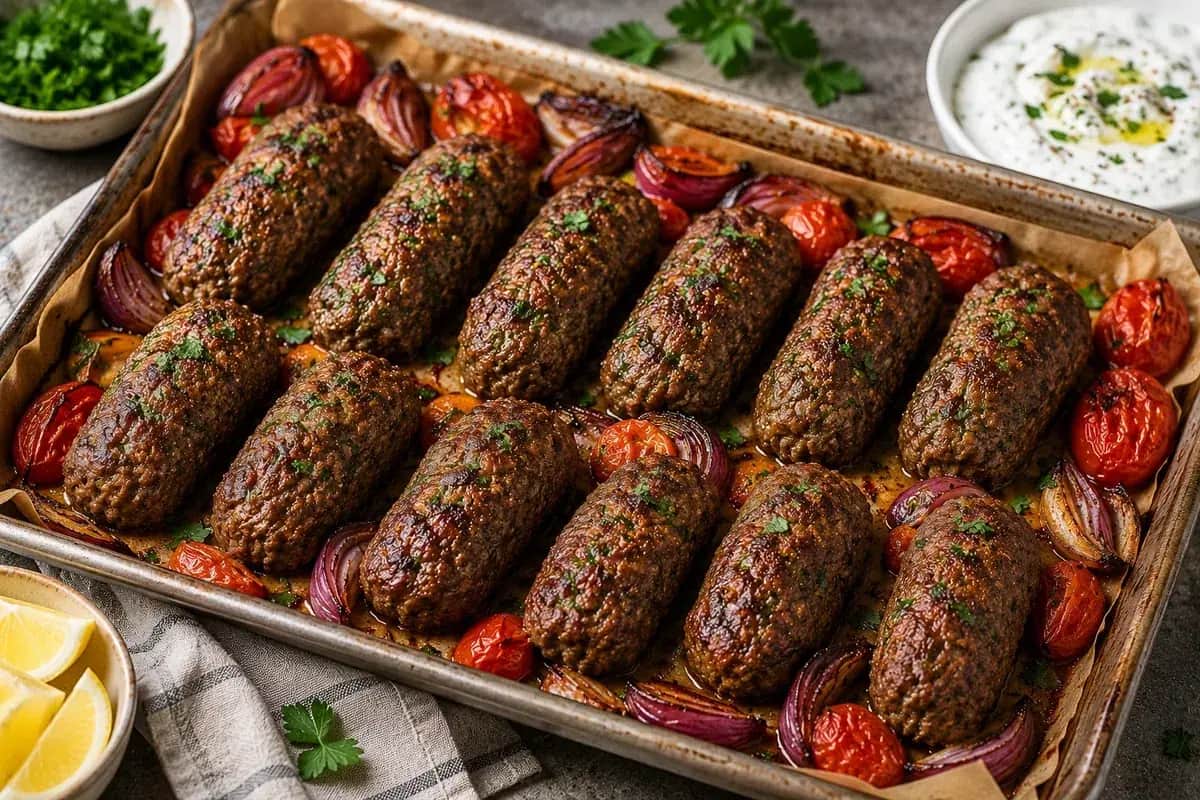 Baked beef kofta arranged with fresh parsley, tahini sauce, roasted vegetables, and warm pita bread.