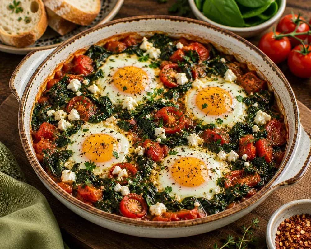 Mediterranean baked eggs nestled in spinach and cherry tomatoes with feta cheese, parsley, basil, and toasted whole grain bread.