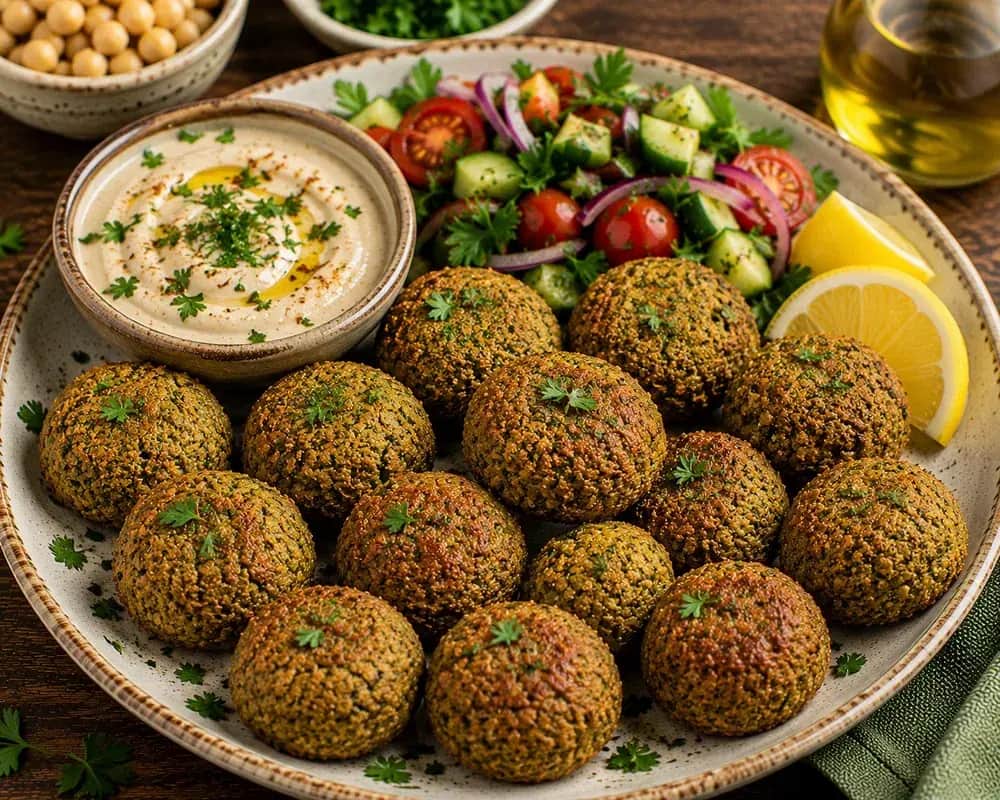 Golden baked falafel served with tahini sauce, fresh parsley, cucumbers, tomatoes, and pita bread.
