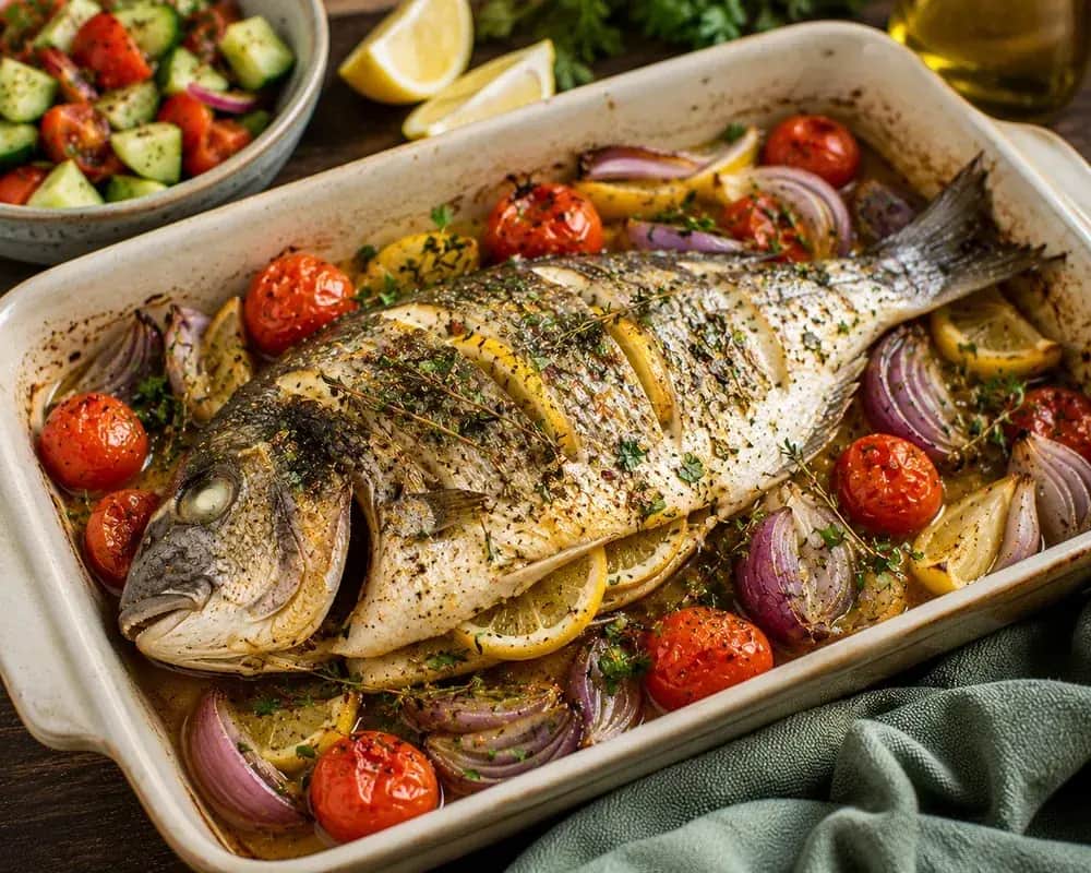 Baked white fish fillets with lemon slices, parsley, dill, garlic, and Mediterranean herbs.