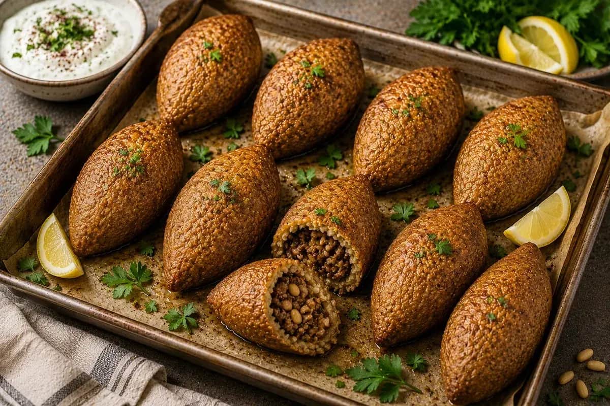 Golden Lebanese baked kibbeh cut into traditional diamond shapes with a savory beef and pine nut filling and fresh parsley garnish.