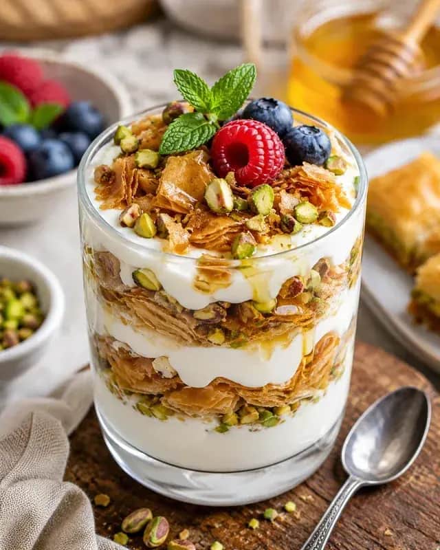 Baklava-inspired Greek yogurt parfait layered with creamy yogurt, pistachios, walnuts, dates, fresh berries, honey, and cinnamon.