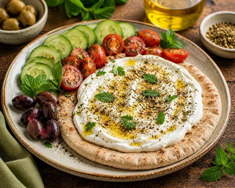 Whole wheat pita pocket filled with creamy labneh, cucumber, tomato, Kalamata olives, parsley, mint, za'atar, and extra virgin olive oil.