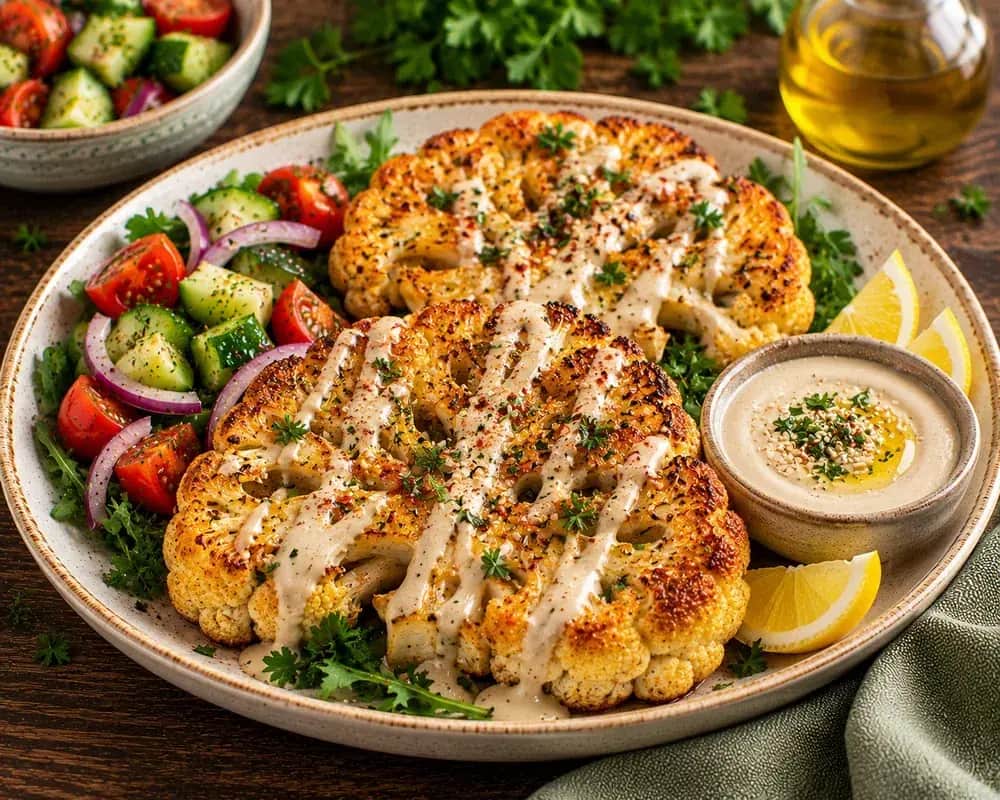 Golden roasted cauliflower steaks drizzled with lemon tahini sauce and topped with parsley, toasted pine nuts, and smoked paprika.