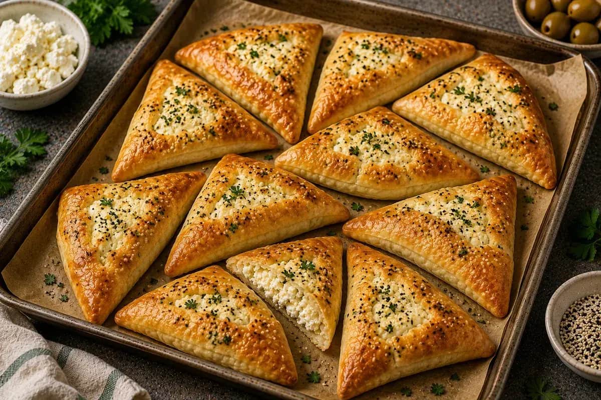 Golden Lebanese cheese fatayer filled with melted Akkawi, mozzarella, and feta cheese, served with parsley and nigella seeds.