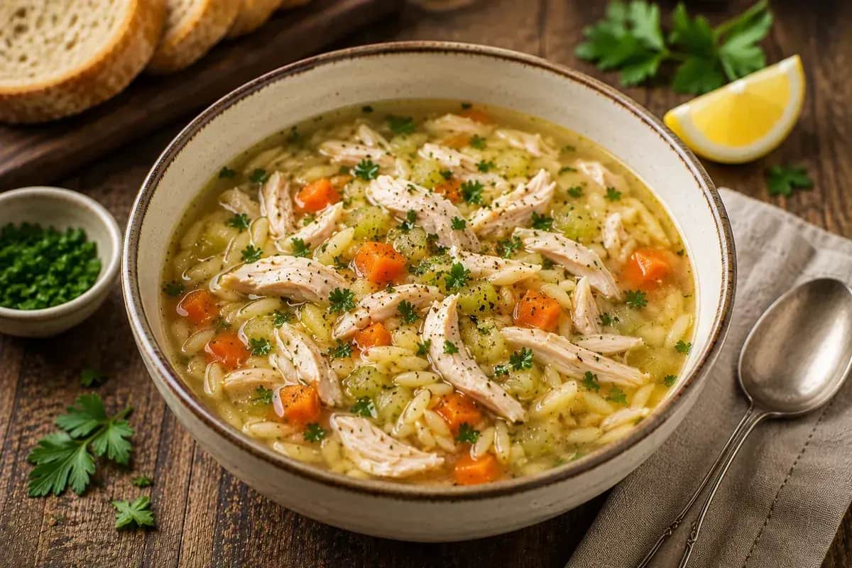 Mediterranean chicken orzo soup with tender shredded chicken, carrots, celery, herbs, and lemon.