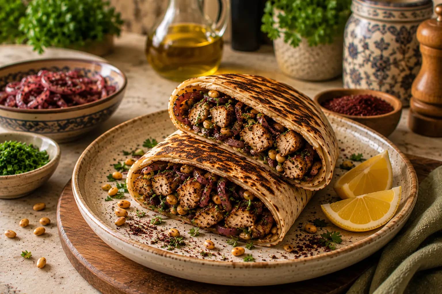 Palestinian Musakhan chicken pita wrap filled with sumac-seasoned chicken, softened sumac onions, toasted pine nuts, fresh parsley, and olive oil.