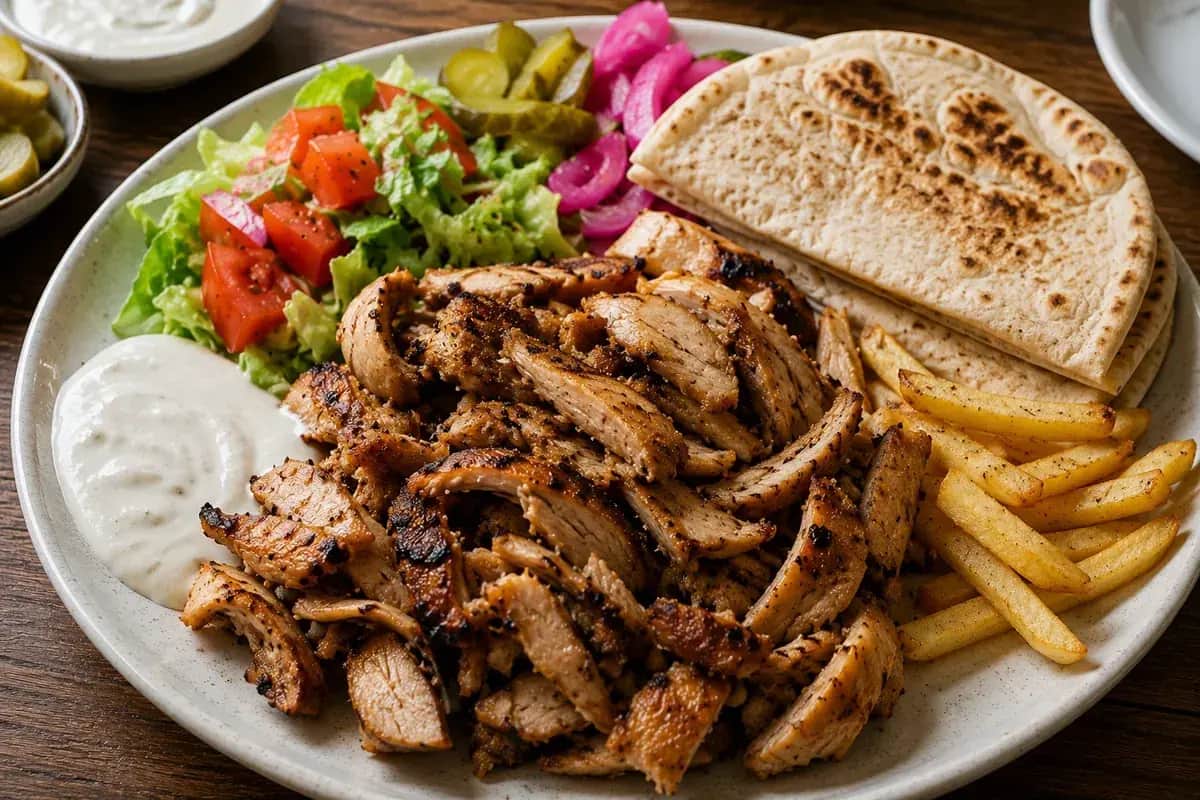 Palestinian-style chicken shawarma sliced into thin browned pieces and served with flatbread, tahini sauce, pickled turnips, cabbage, tomatoes, and sumac onions.