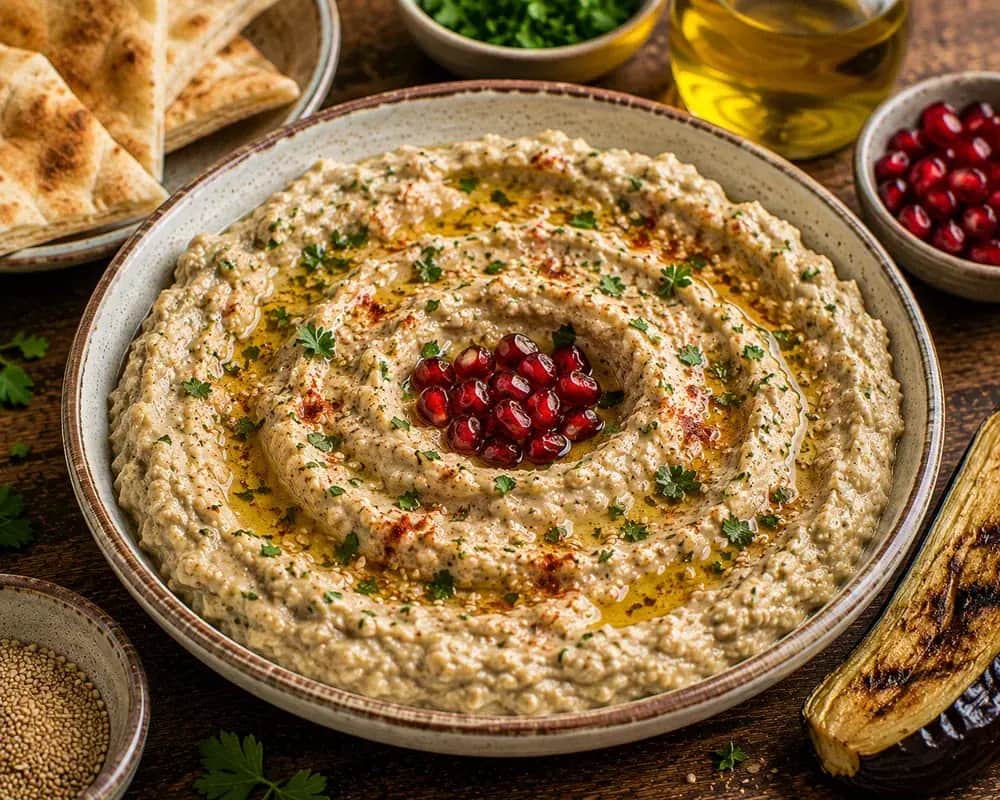 Creamy baba ganoush topped with olive oil, parsley, smoked paprika, and pomegranate seeds, served with warm pita and fresh vegetables.