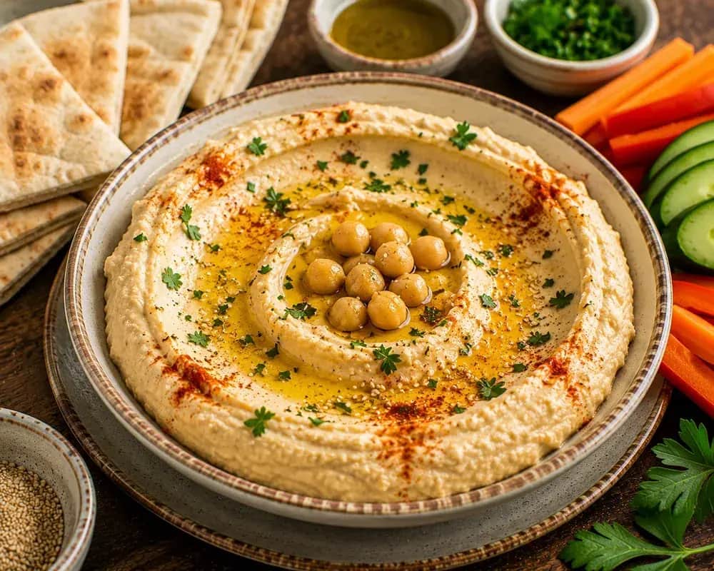 Silky Palestinian hummus bi-tahini spread in a shallow serving bowl with extra virgin olive oil, paprika, parsley, whole chickpeas, and warm Arabic bread.
