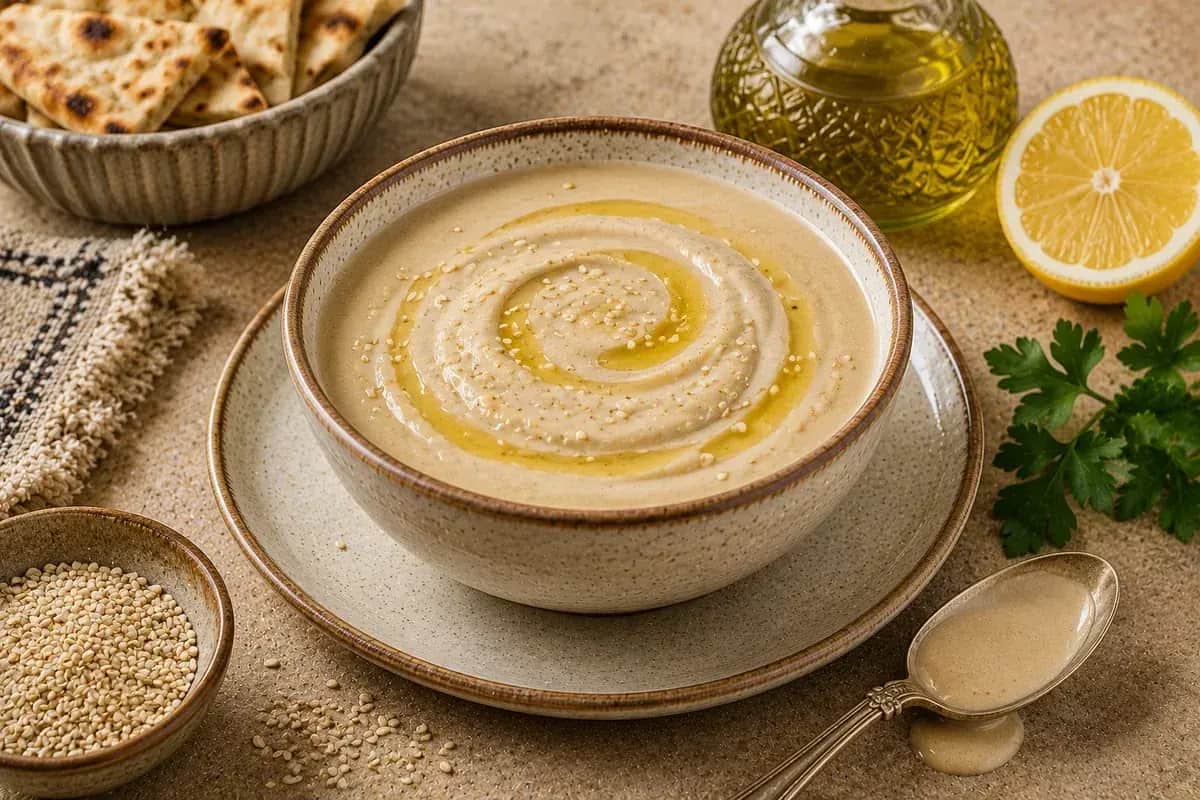 Creamy Lebanese tahini sauce in a bowl, garnished with parsley and olive oil with lemon and garlic nearby.