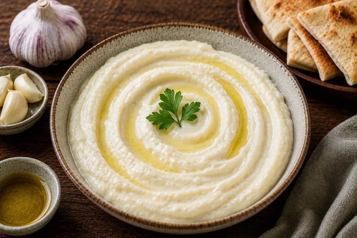 A bowl of fluffy Lebanese toum garlic sauce served with pita bread, lemon wedges, parsley, and fresh garlic in a stylish Mediterranean kitchen.