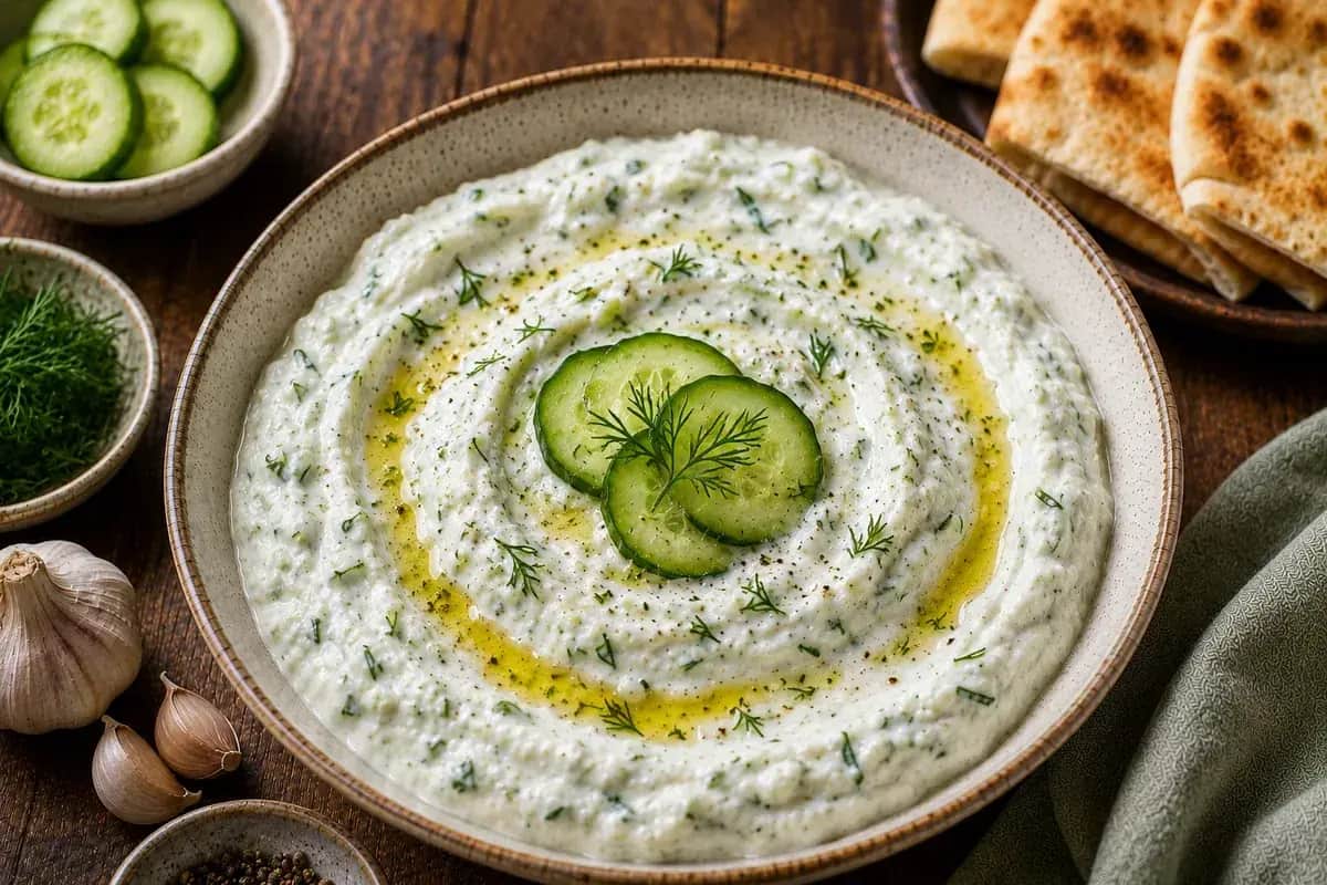 A bowl of creamy Lebanese-style tzatziki topped with extra virgin olive oil and fresh dill, served with cucumber slices and warm pita bread.