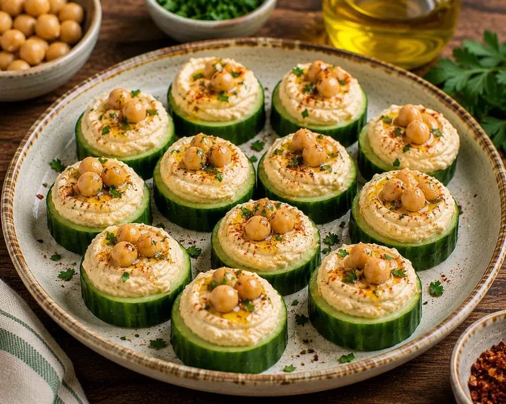 Cucumber rounds topped with creamy hummus, cherry tomatoes, feta cheese, Kalamata olives, parsley, and smoked paprika.