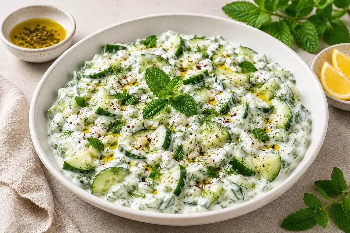 Creamy cucumber yogurt salad with diced cucumber, Greek yogurt, fresh dill, mint, and olive oil.