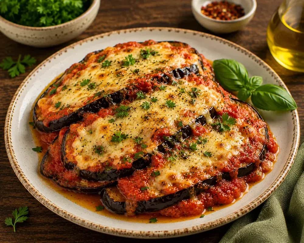Mediterranean-style eggplant Parmesan layered with roasted eggplant, tomato sauce, melted mozzarella, Parmesan cheese, and fresh basil.