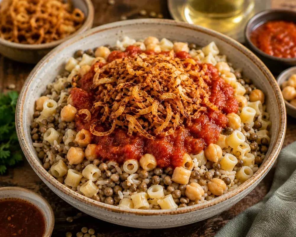 Egyptian koshari layered with rice, brown lentils, small pasta, chickpeas, garlic tomato sauce, crispy onions, and fresh parsley.