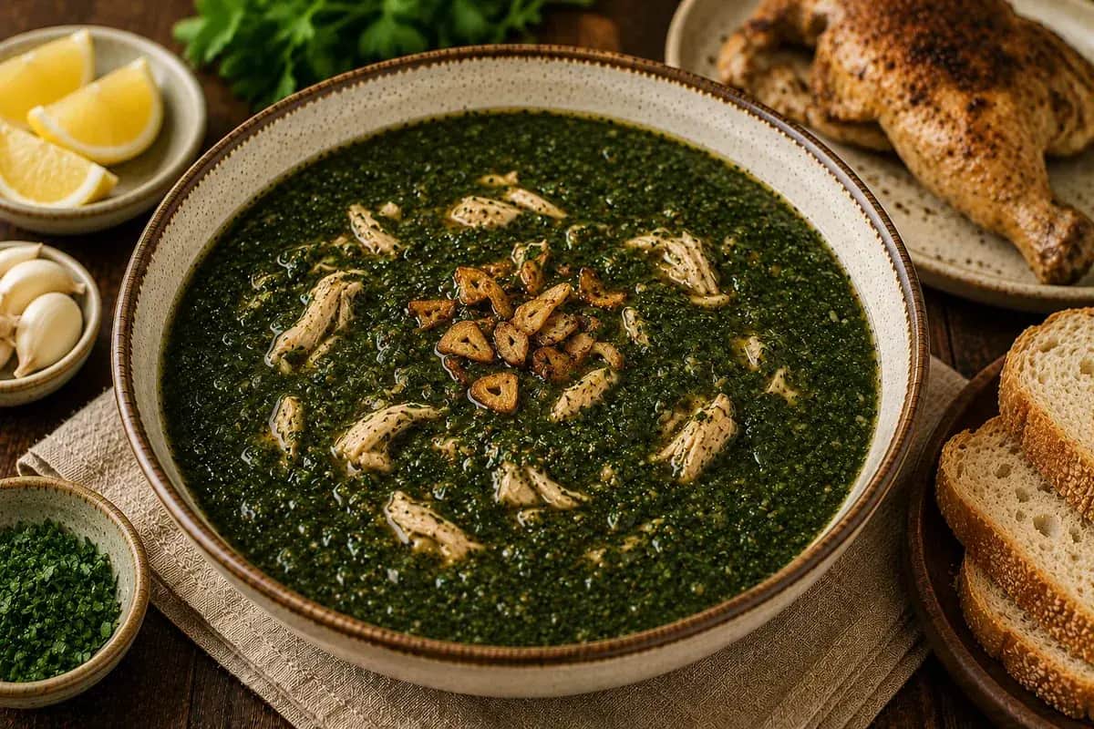 Traditional Egyptian molokhia soup with its characteristic silky texture, fragrant garlic and coriander, served with Egyptian rice and lemon.