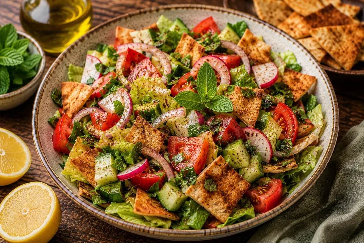 Lebanese Fattoush salad with romaine lettuce, tomatoes, cucumber, radishes, green pepper, parsley, mint, toasted pita, sumac, and pomegranate molasses dressing.