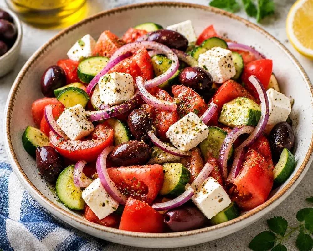 Greek-inspired Mediterranean salad with tomatoes, cucumber, feta, Kalamata olives, red onion, oregano, mint, and lemon dressing.