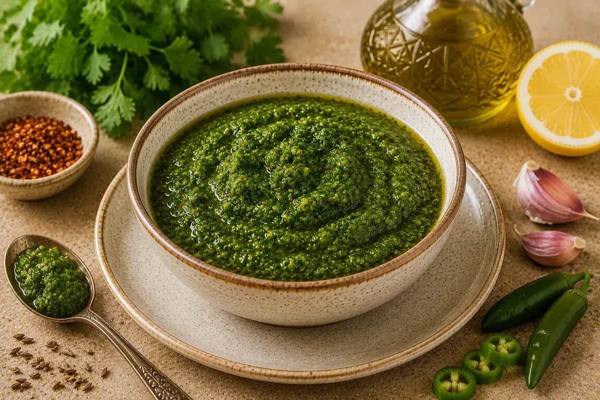 A bowl of vibrant green Yemeni zhoug sauce made with fresh cilantro, parsley, green chilies, garlic, lemon juice, spices, and extra virgin olive oil.