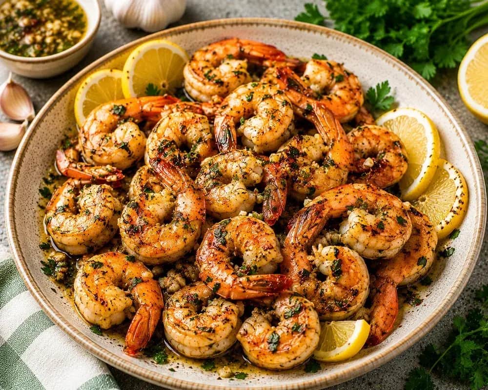 Juicy grilled shrimp with lightly charred edges, fresh parsley, lemon wedges, and extra virgin olive oil on a Mediterranean serving platter.