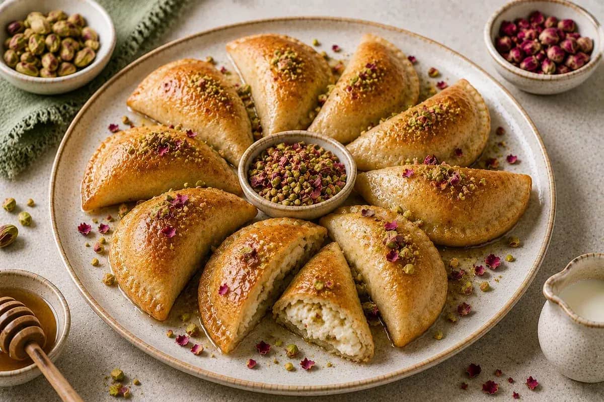 Golden baked atayef filled with ricotta, Greek yogurt, pistachios, and honey, garnished with crushed pistachios and rose petals.