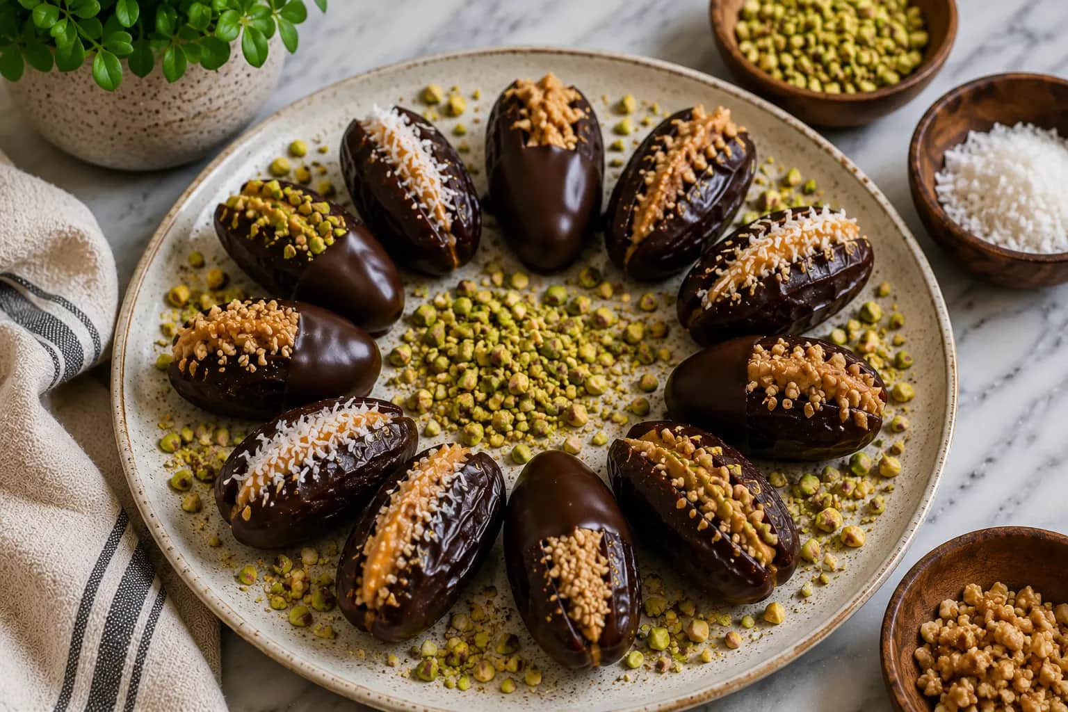 Dark chocolate stuffed Medjool dates filled with almond butter and topped with pistachios, walnuts, shredded coconut, toasted sesame seeds, and flaky sea salt.
