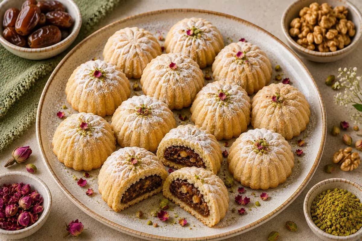 Healthy whole-wheat Ma'amoul cookies filled with dates and walnuts, arranged on a serving plate with pistachios and fresh mint.
