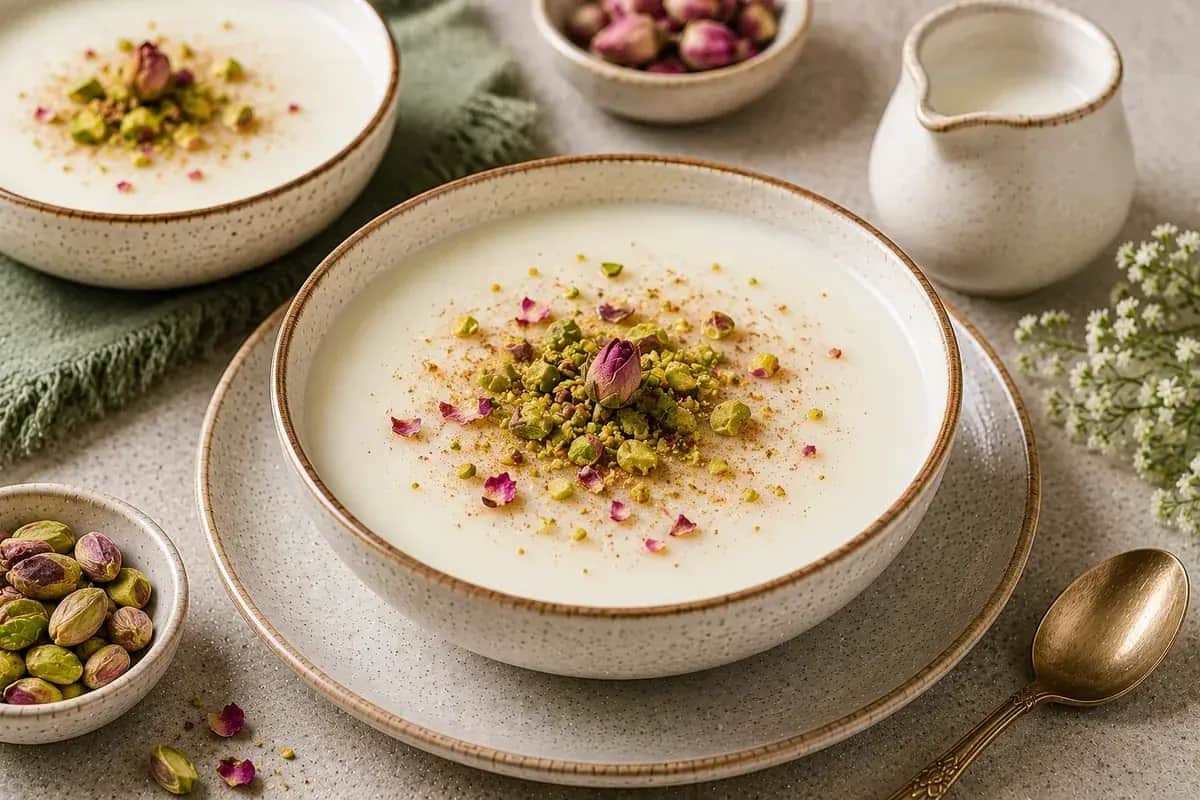 Silky Egyptian mahalabia milk pudding served in individual glass cups and garnished with chopped pistachios, cinnamon, and dried edible rose petals.