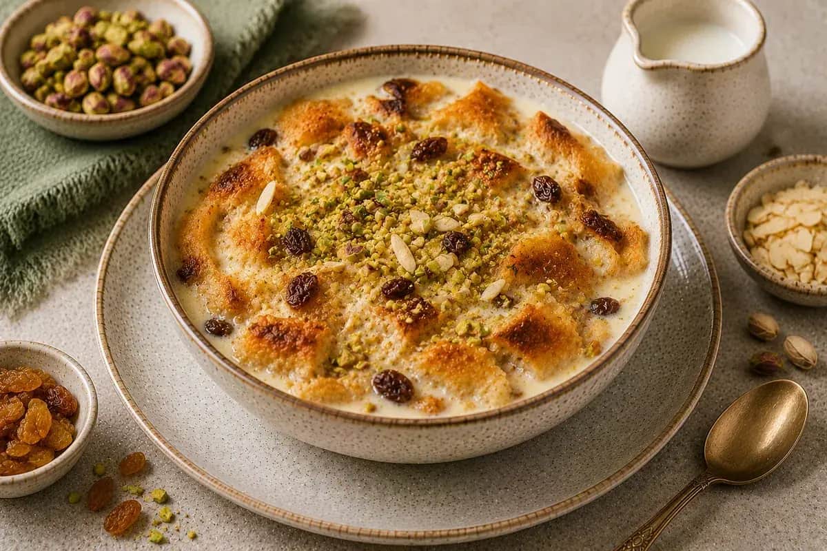 Golden Egyptian Om Ali bread pudding made with whole wheat puff pastry, low-fat milk, dates, raisins, almonds, pistachios, walnuts, cinnamon, and cardamom.