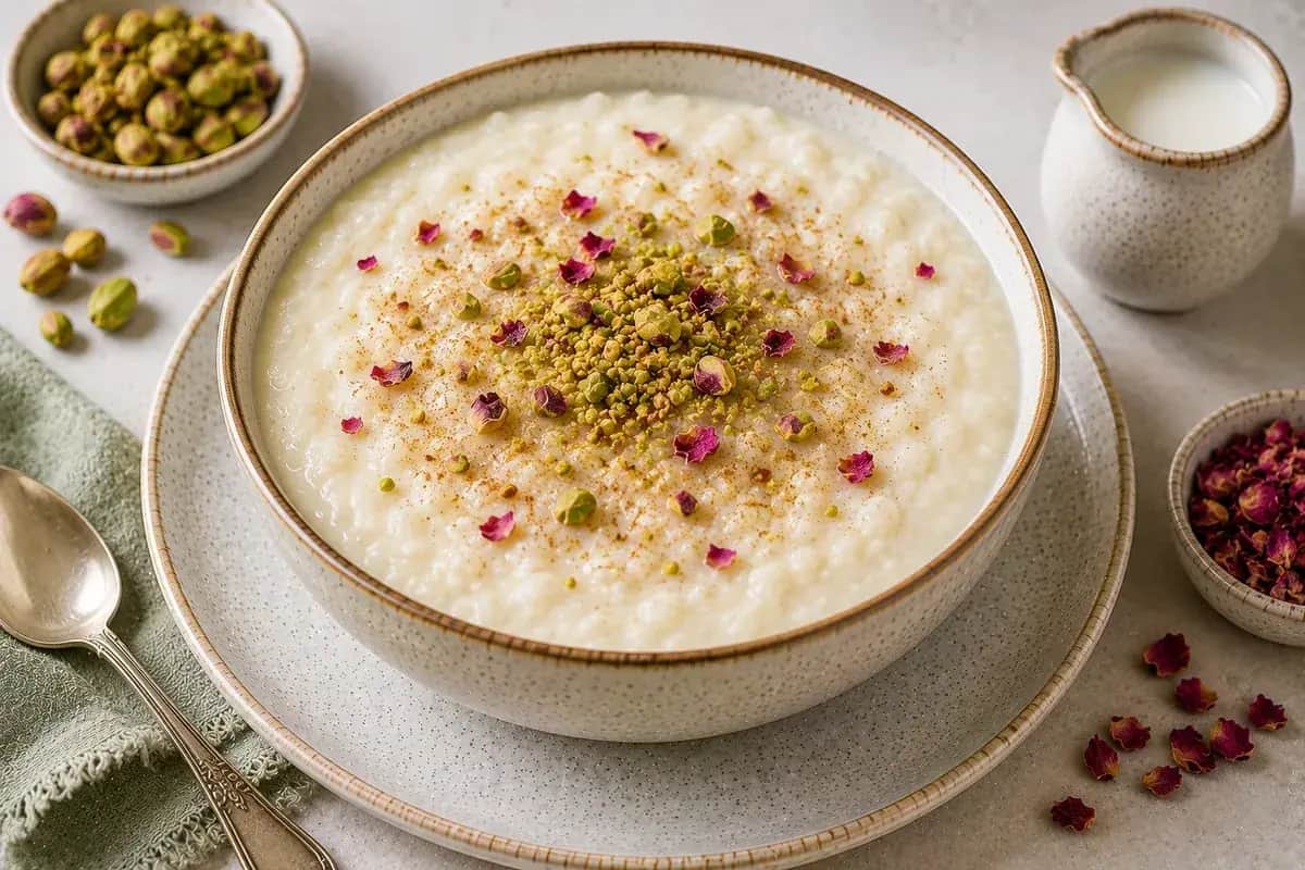 Creamy Egyptian rice pudding served in a glass bowl and topped with ground cinnamon, chopped pistachios, sliced almonds, and fresh mint.