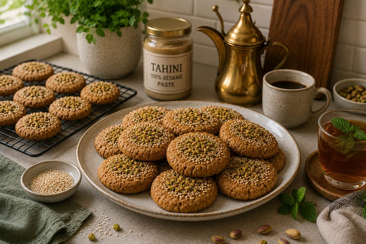 Soft whole-wheat sesame tahini cookies topped with toasted sesame seeds and chopped pistachios on a stylish serving plate.