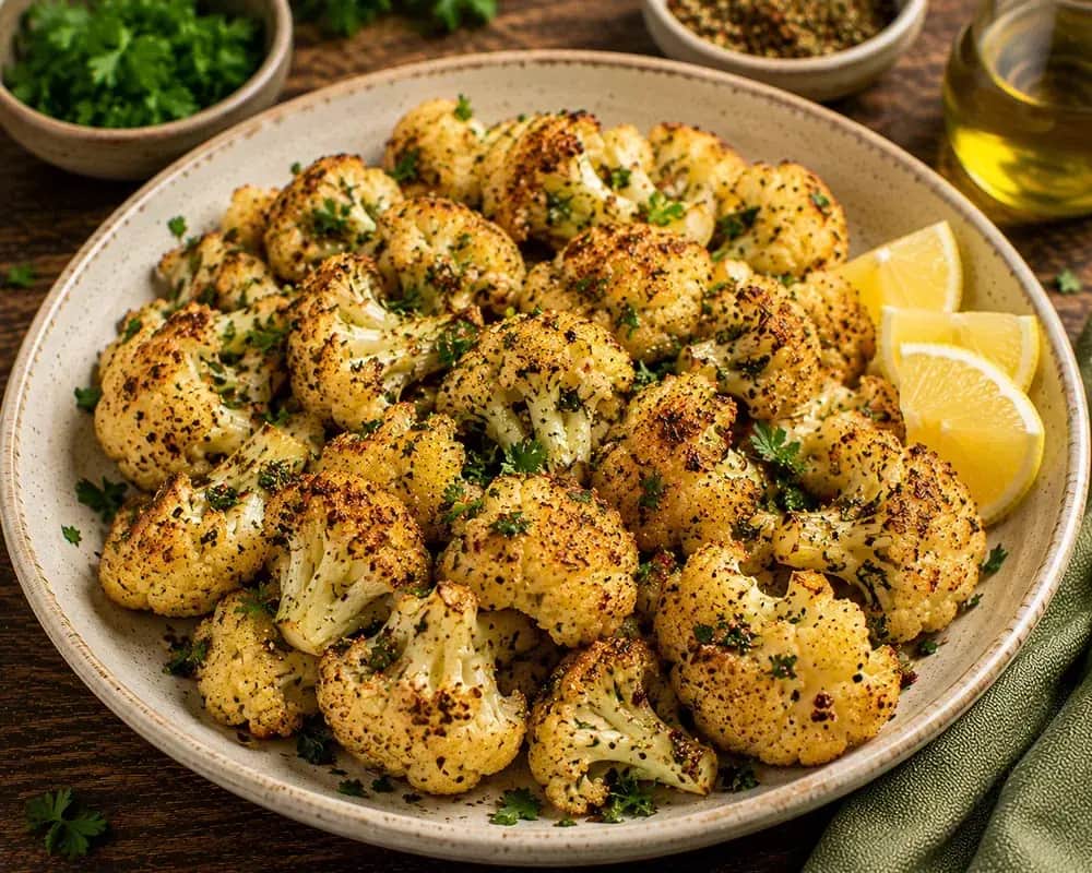 Golden herb-roasted cauliflower florets garnished with fresh parsley and served with lemon wedges.