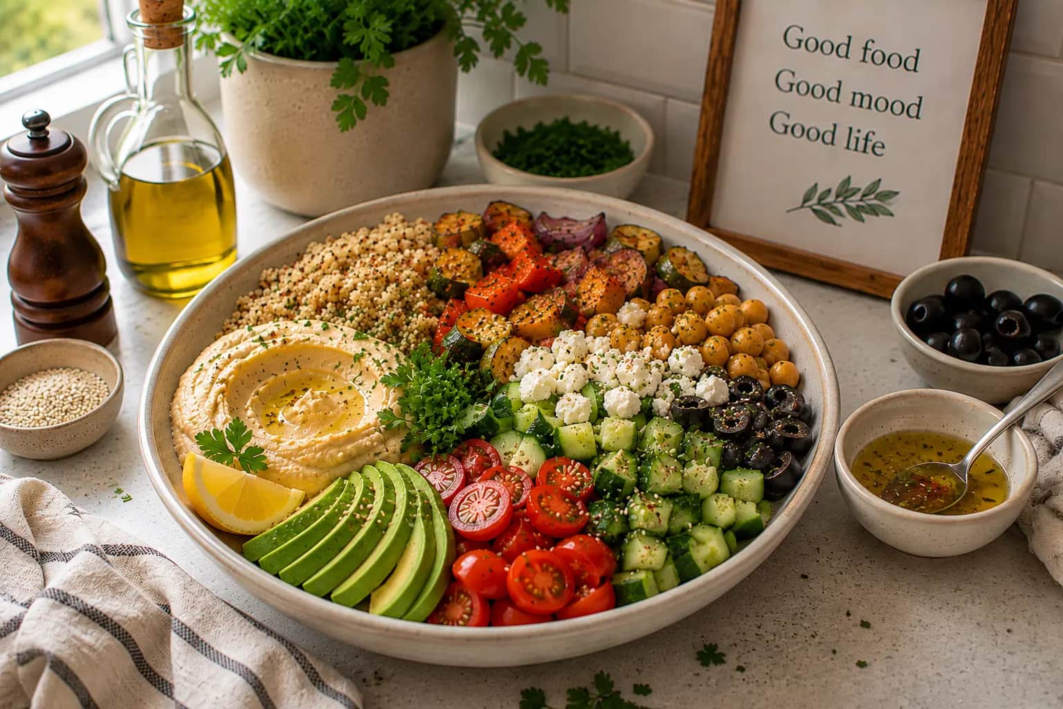 Mediterranean hummus power bowl with creamy hummus, quinoa, chickpeas, roasted vegetables, cucumber, cherry tomatoes, parsley, sesame seeds, lemon, and olive oil.