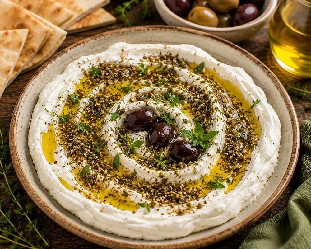 Lebanese labneh spread topped with za'atar and extra virgin olive oil, surrounded by cucumber, tomatoes, olives, fresh herbs, and warm pita bread.