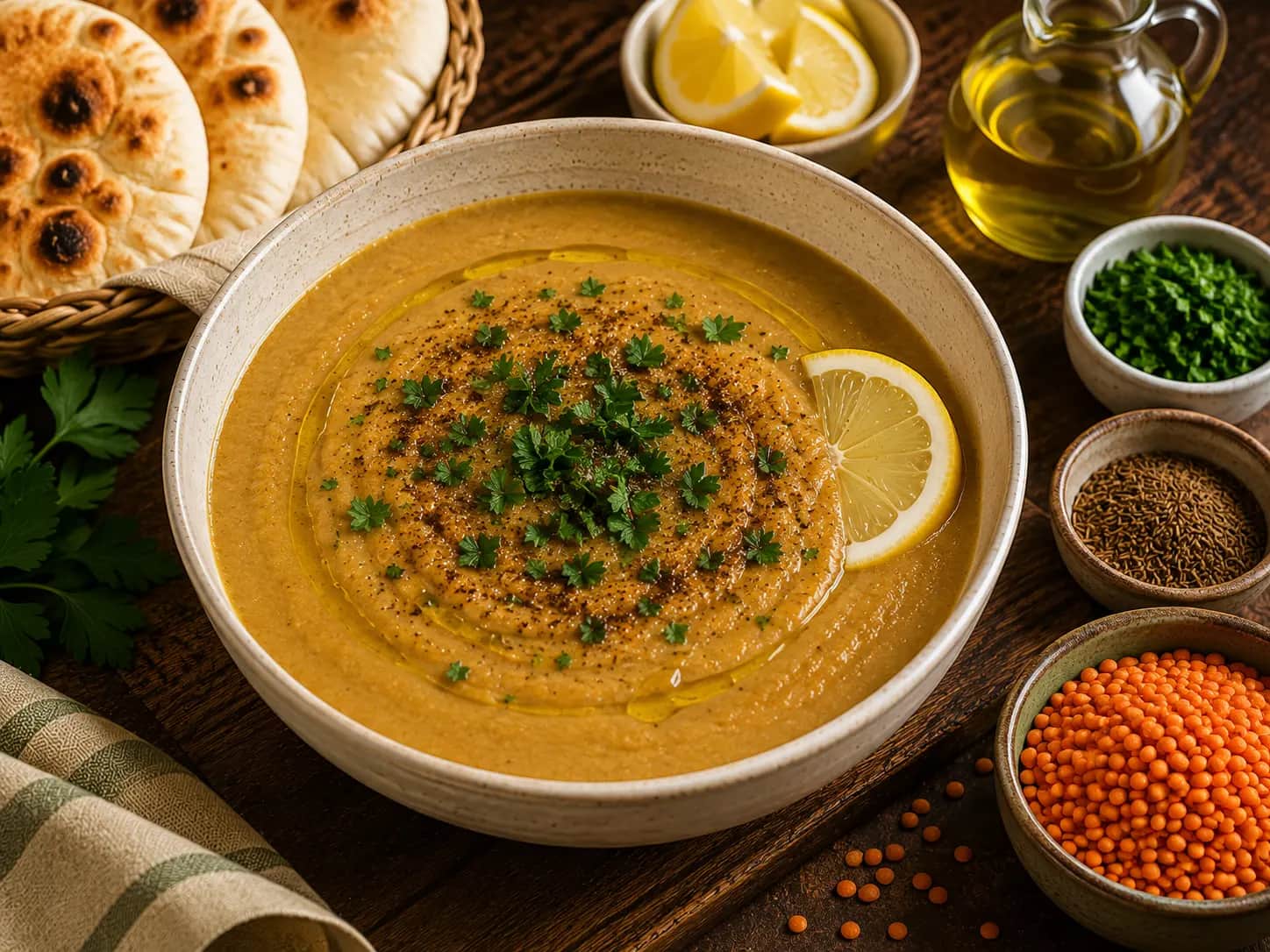 Syrian red lentil soup served warm with a drizzle of olive oil, chopped parsley, cumin, and fresh lemon wedges.
