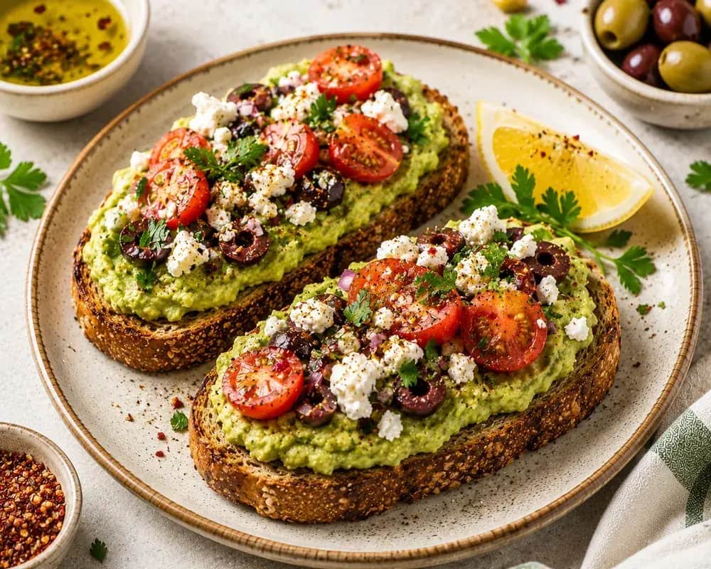 Lebanese-style Mediterranean avocado toast with cherry tomatoes, black olives, feta, parsley, za'atar, and olive oil on crisp whole-grain bread.