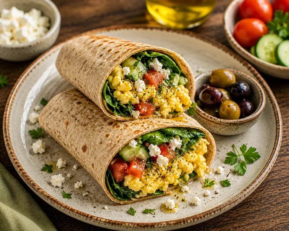 Whole-wheat Mediterranean breakfast wrap filled with soft scrambled eggs, hummus, spinach, cherry tomatoes, cucumber, feta, parsley, and herbs.