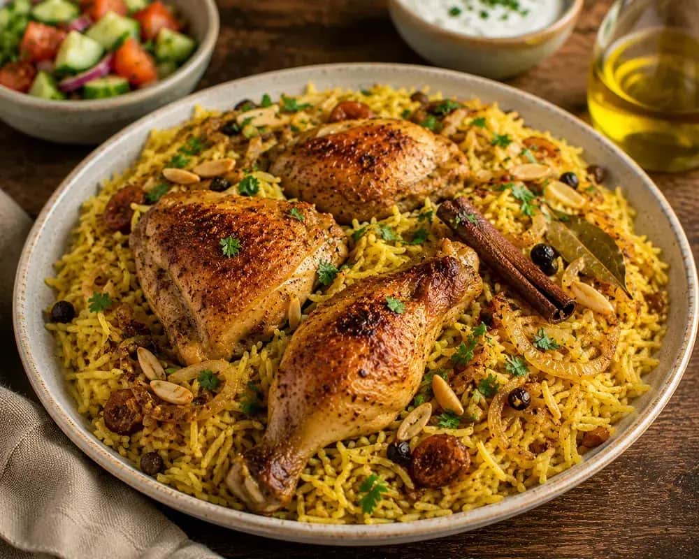 Mediterranean chicken kabsa with tender chicken thighs served over spiced brown basmati rice with carrots, parsley, and toasted almonds.