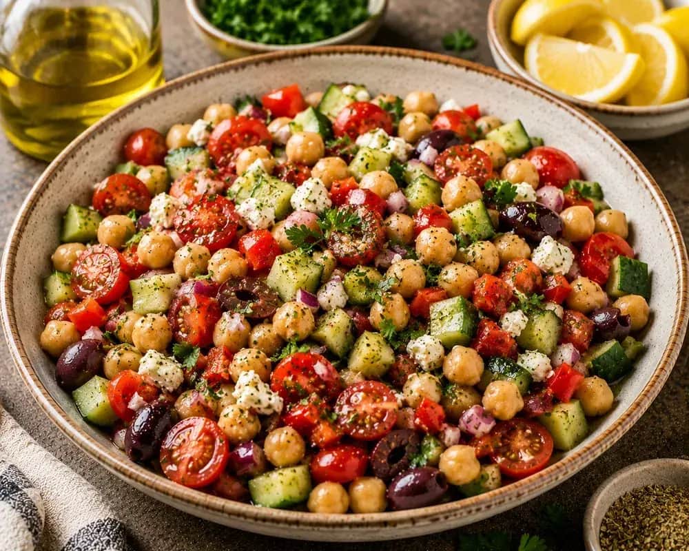 Mediterranean chickpea salad with chickpeas, cucumber, tomatoes, red onion, parsley, mint, feta cheese, and lemon dressing.