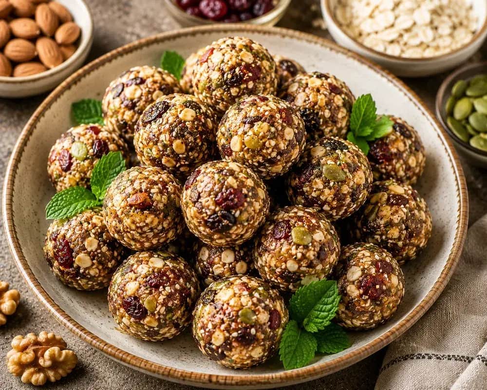 No-bake Mediterranean-inspired energy balls coated with shredded coconut and arranged on a wooden serving plate.