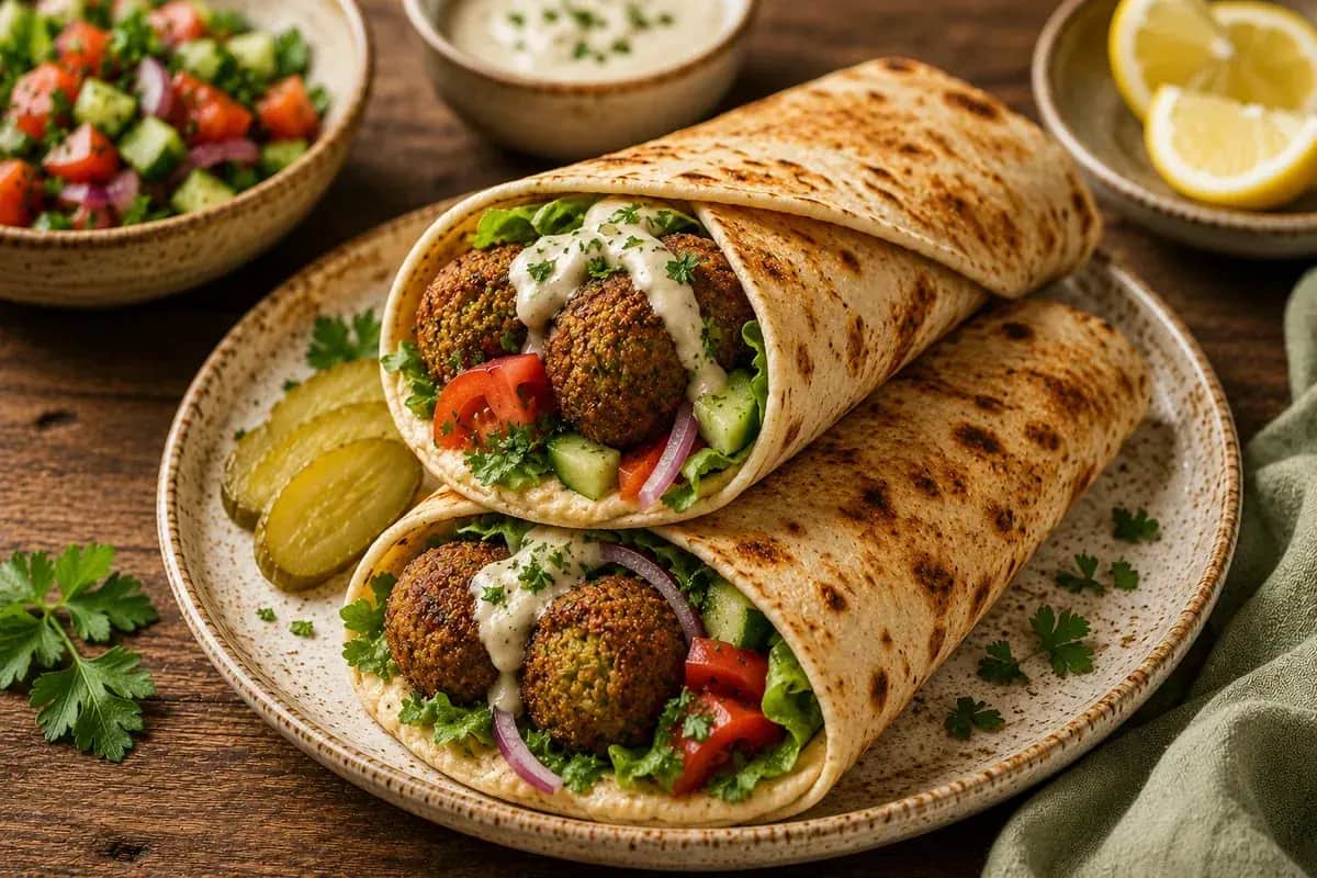 Mediterranean falafel wrap filled with warm crispy falafel, lettuce, tomatoes, cucumber, red onion, pickled vegetables, fresh parsley, lemon, and creamy tahini sauce.